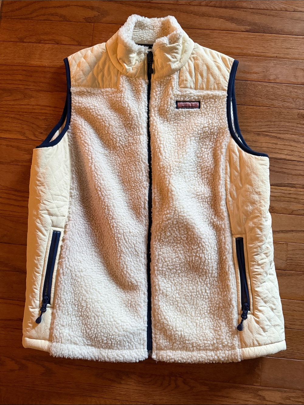 Vineyard Vines Kids Cream Sherpa Vest with Navy Trim